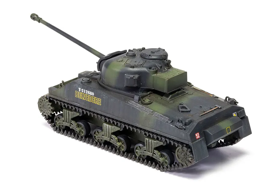 A fully assembled and painted 1/72 scale Sherman Firefly tank model, featuring a dark green camouflage pattern and the name BELVEDERE on the side.