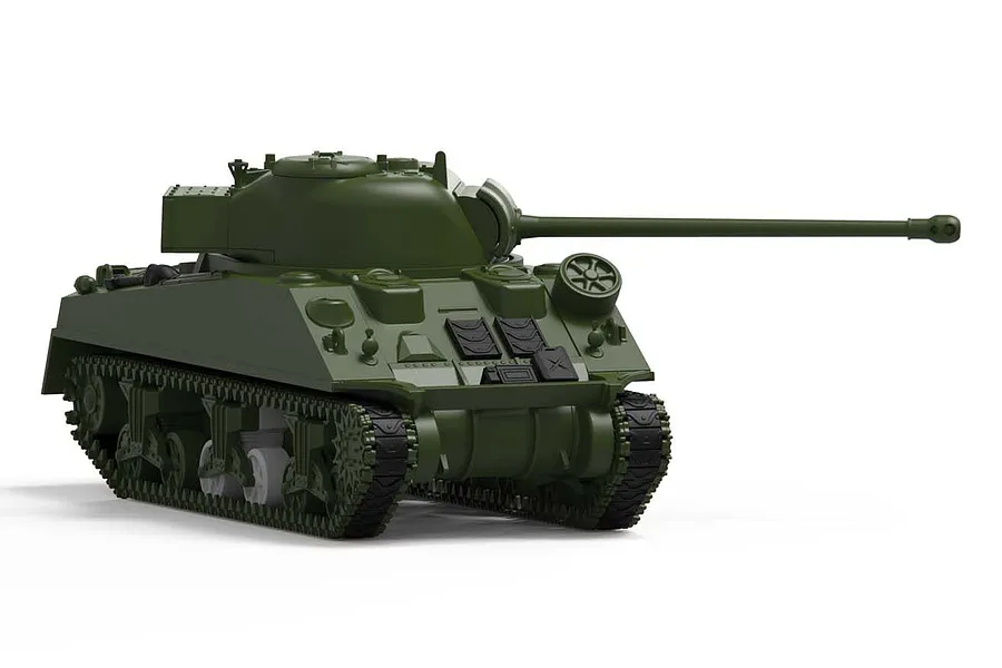 A studio shot of an assembled, unpainted green plastic model of a Sherman Firefly tank on a white background.