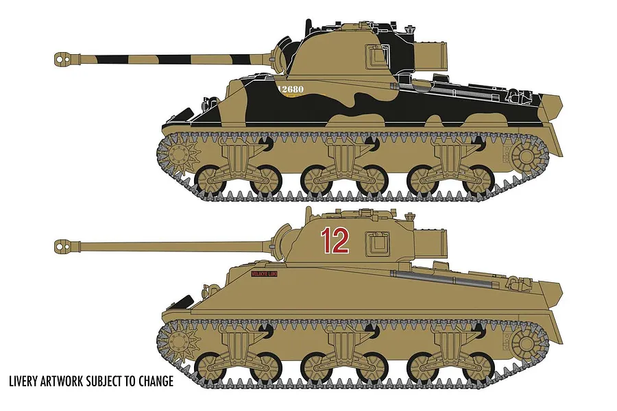 Digital illustration showing two side-profile views of a Sherman Firefly tank with different camouflage and marking options for a model kit.
