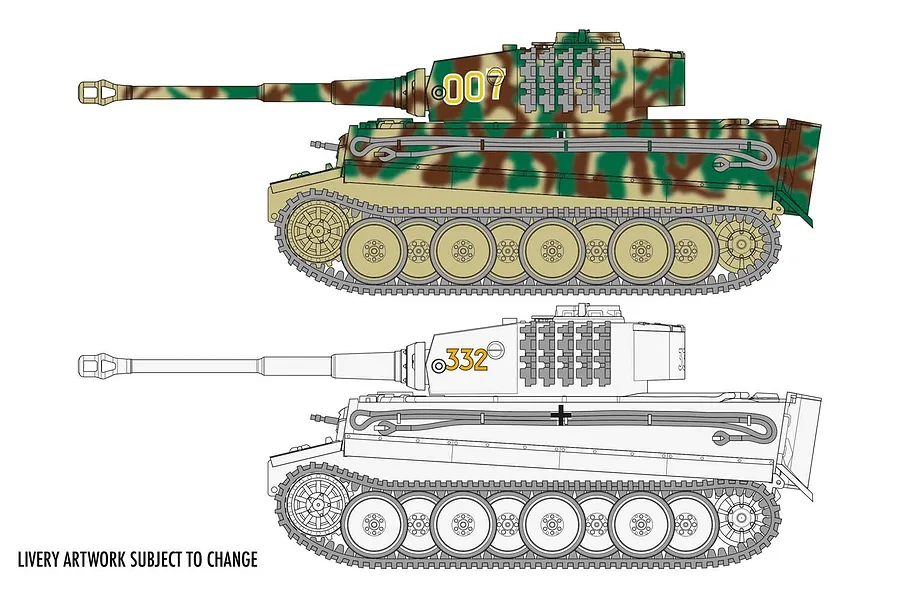 Side profile illustrations of a Tiger I tank, showing one in camouflage livery and one in outline, for the Airfix model kit.