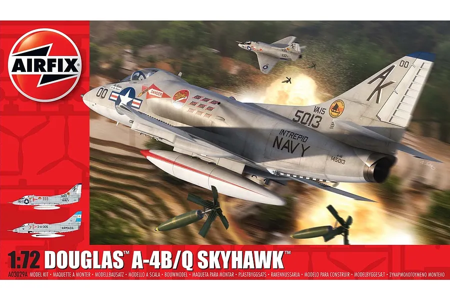 Airfix 1/72 scale Douglas A-4B/Q Skyhawk plastic model kit box art featuring an illustration of the aircraft in flight.