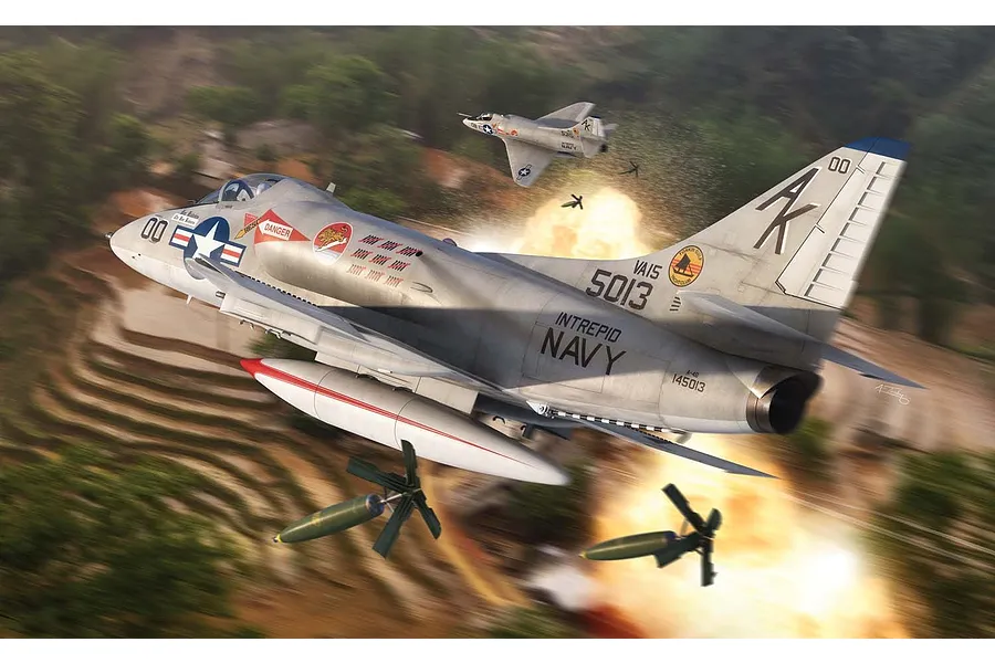 Digital illustration of two US Navy Douglas A-4 Skyhawk aircraft in flight, dropping bombs over a mountainous, forested landscape.