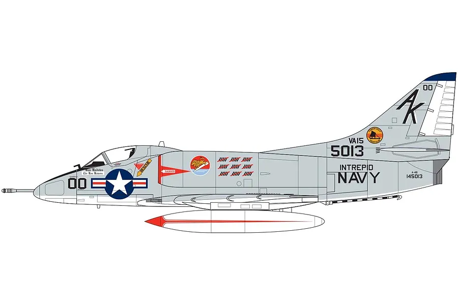 A digital side-profile illustration of a US Navy Douglas A-4 Skyhawk aircraft in light grey livery with markings for VA-15 Intrepid.