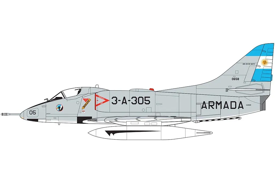 A digital side-profile illustration of an Argentine Navy Douglas A-4 Skyhawk aircraft with grey fuselage and blue and white tail markings.