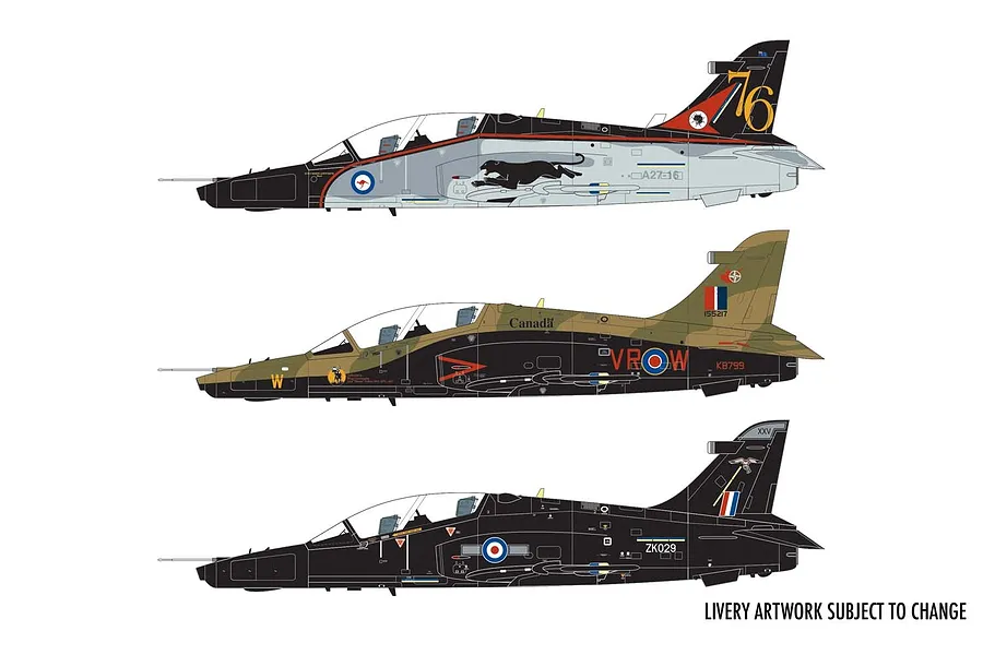 Three side-profile illustrations of BAE Hawk aircraft in different liveries, including Australian, Canadian, and RAF schemes.