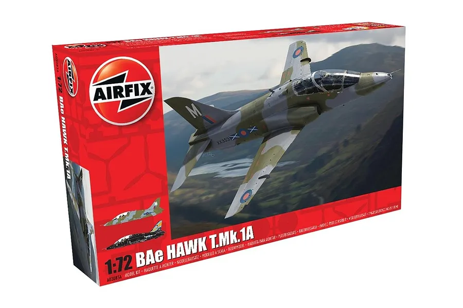 Airfix 1/72 scale BAE Hawk T.Mk.1A plastic model kit box featuring an illustration of the aircraft in flight over a landscape.