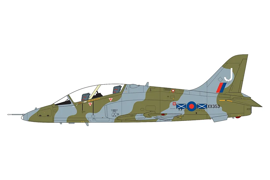 A side-profile digital illustration of a BAE Hawk T.Mk.1A trainer aircraft in a camouflage paint scheme with RAF markings.