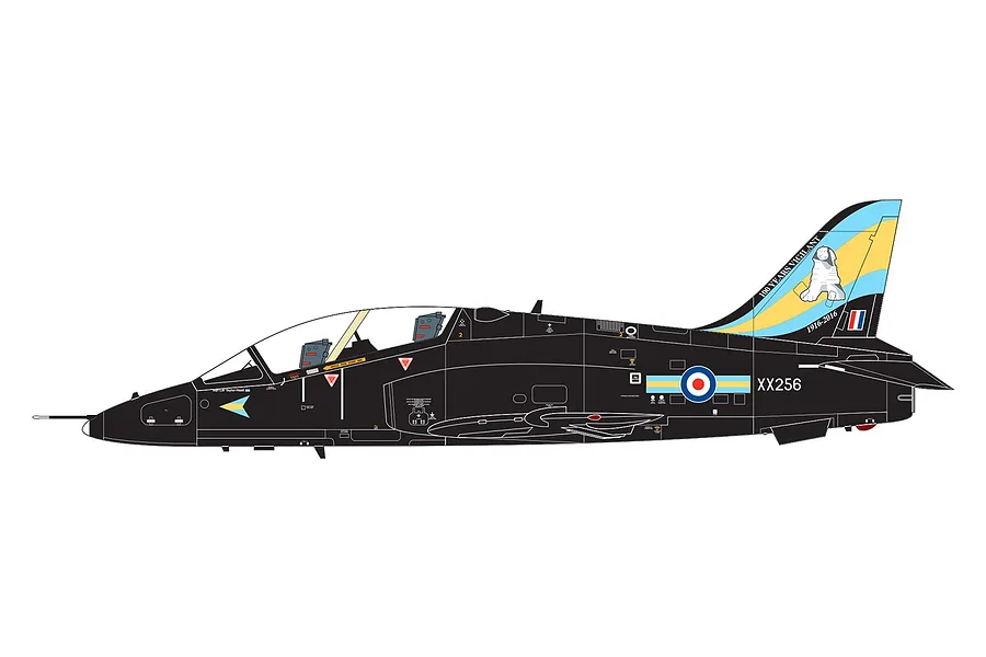 A digital profile illustration of a black BAE Hawk T.Mk.1A jet trainer with special 100-year anniversary markings on the tail.