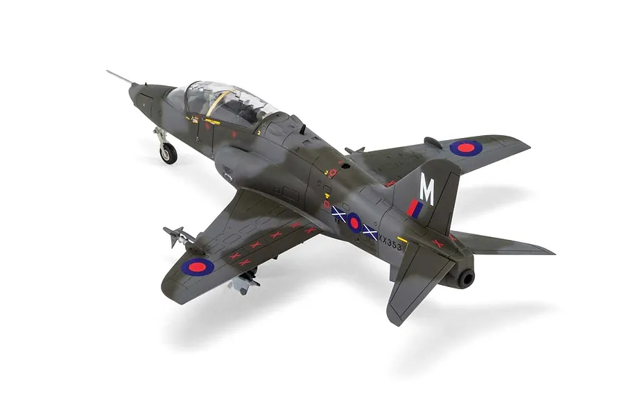 A completed 1/72 scale plastic model of a BAE Hawk T.Mk.1A trainer aircraft, painted in dark green and grey camouflage with RAF markings.