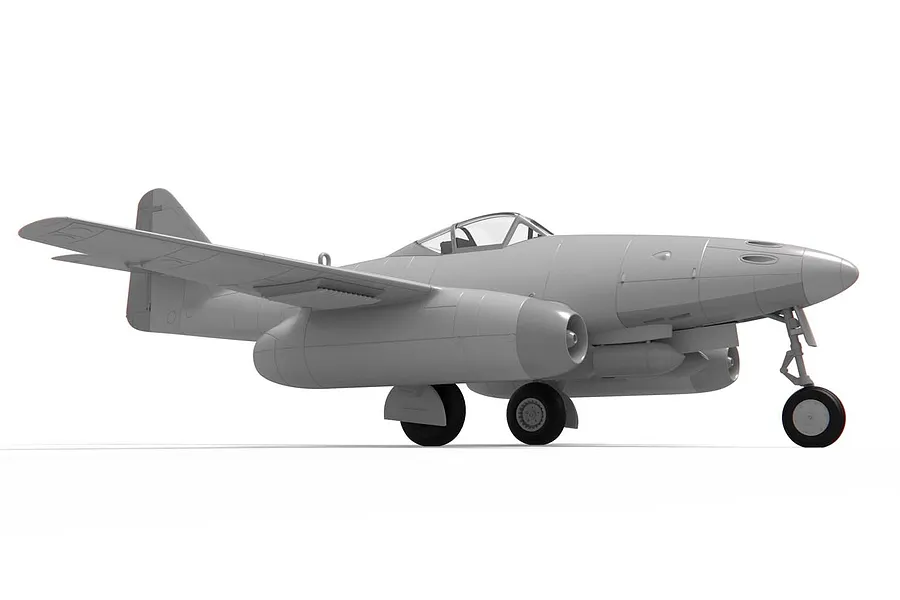 A 3D render of an unpainted, grey plastic model of a Messerschmitt Me 262 jet aircraft on a white background.