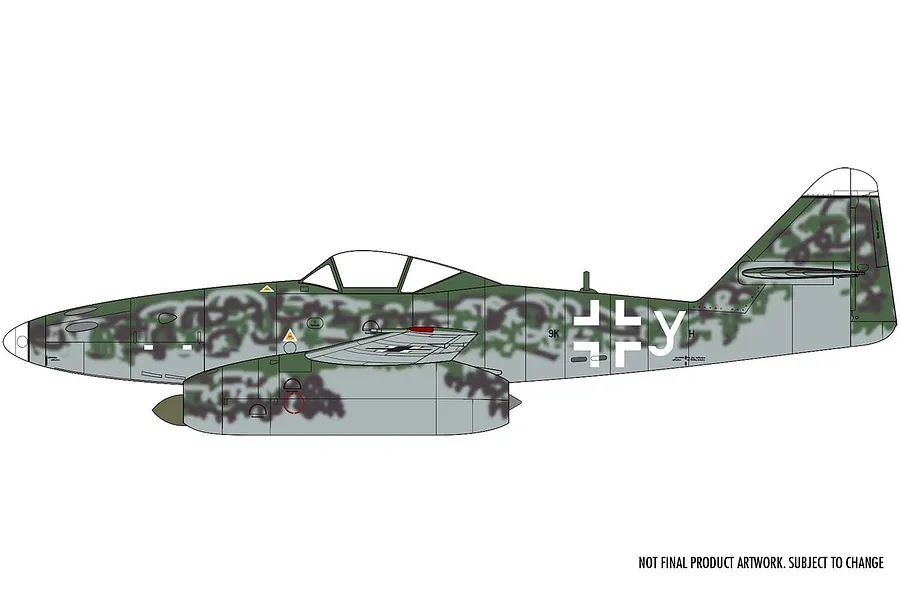 A side-profile digital illustration of a Messerschmitt Me 262 aircraft with a green and grey camouflage pattern.