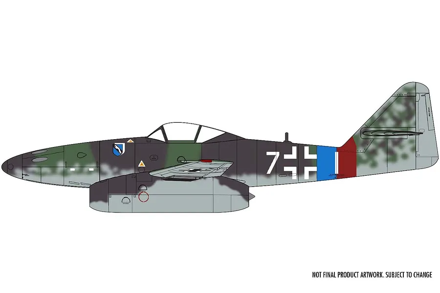 A digital side-profile illustration of a Messerschmitt Me 262 jet aircraft with camouflage paint, showing markings and a red and blue tail band.
