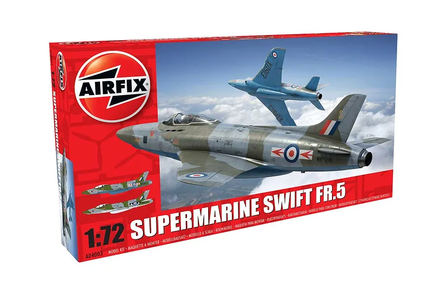 Airfix 1/72 scale Supermarine Swift FR.5 plastic model kit box featuring artwork of two fighter jets in flight against a cloudy sky.