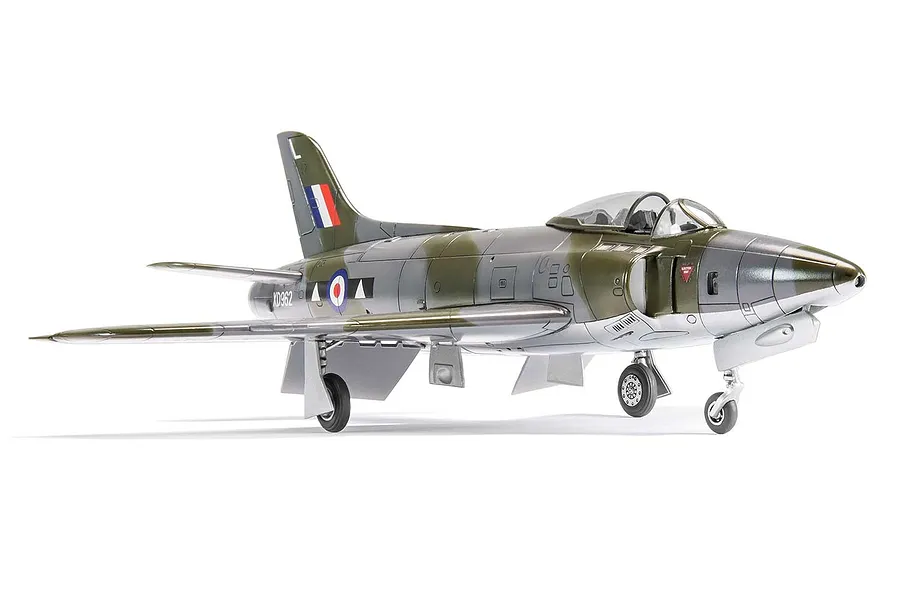A completed 1/72 scale plastic model of a Supermarine Swift F.R. Mk.5 fighter jet, painted in olive green and silver camouflage with RAF markings.