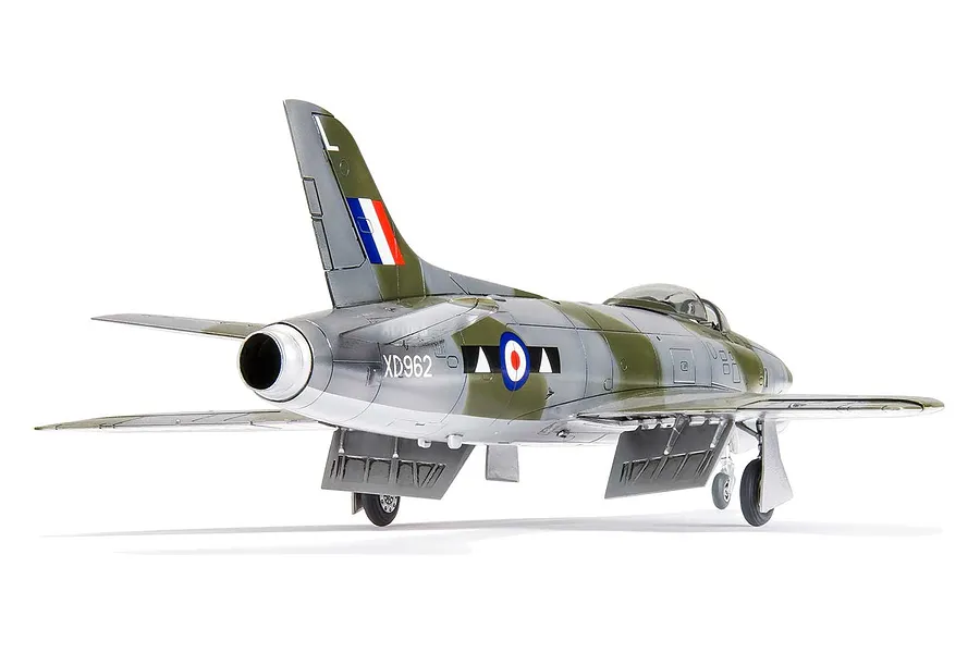 A completed 1/72 scale plastic model of a Supermarine Swift F.R. Mk.5 fighter jet, viewed from the rear three-quarter angle against a white background.