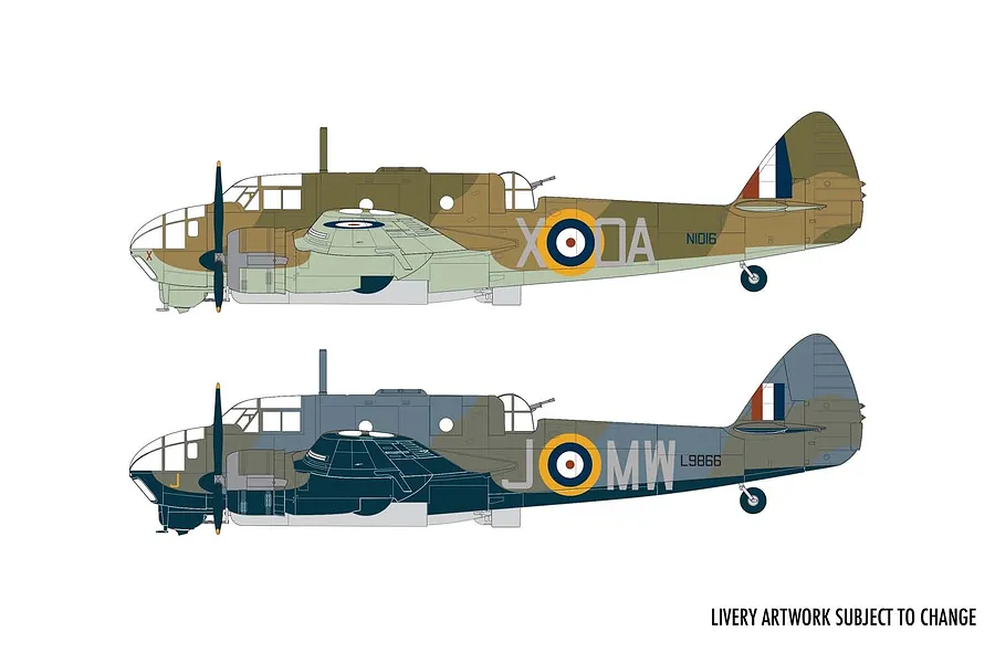 Two side-profile illustrations of a Bristol Beaufort Mk.1 bomber showing different camouflage schemes and markings.