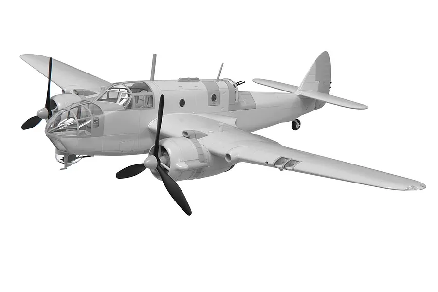 A 1/72 scale plastic model kit of a Bristol Beaufort Mk.1 bomber, shown as an unpainted grey assembly against a white background.