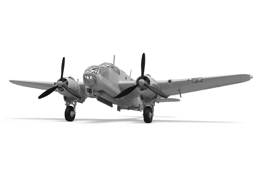 A front-facing view of an unpainted, assembled plastic model of a Bristol Beaufort Mk.1 bomber aircraft on a white background.