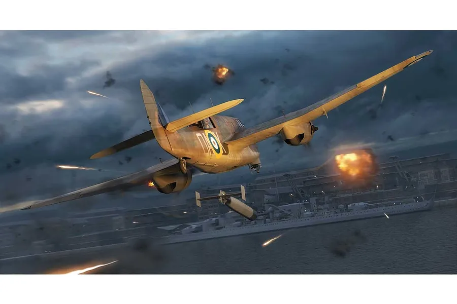 Digital artwork of a Bristol Beaufort bomber dropping a torpedo over a harbor during an aerial battle.