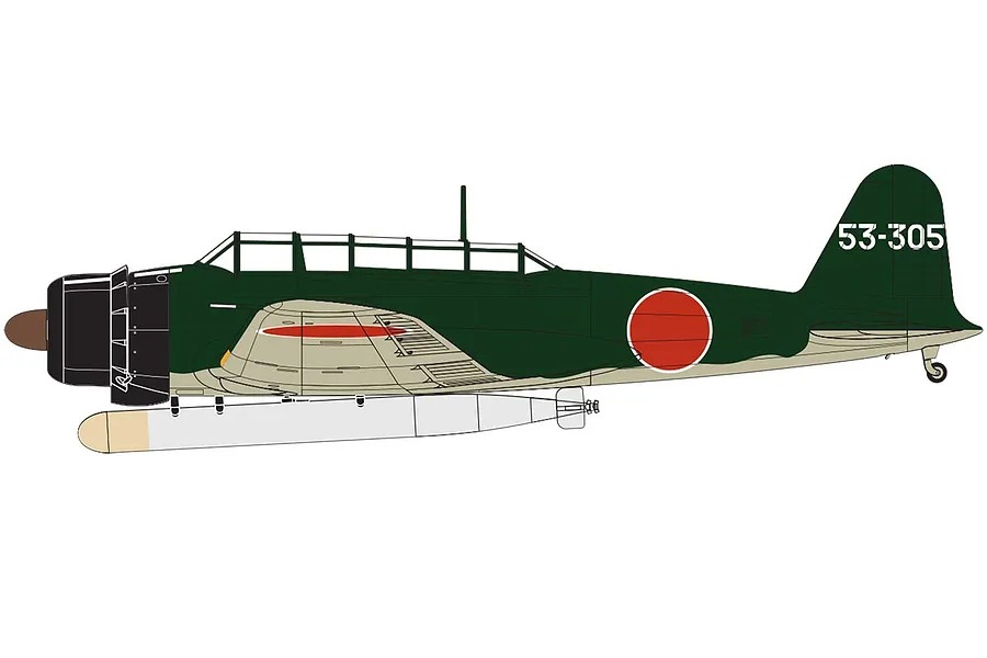 A digital side-profile illustration of a Nakajima B5N2 Kate bomber in dark green and light grey camouflage with a torpedo mounted underneath.