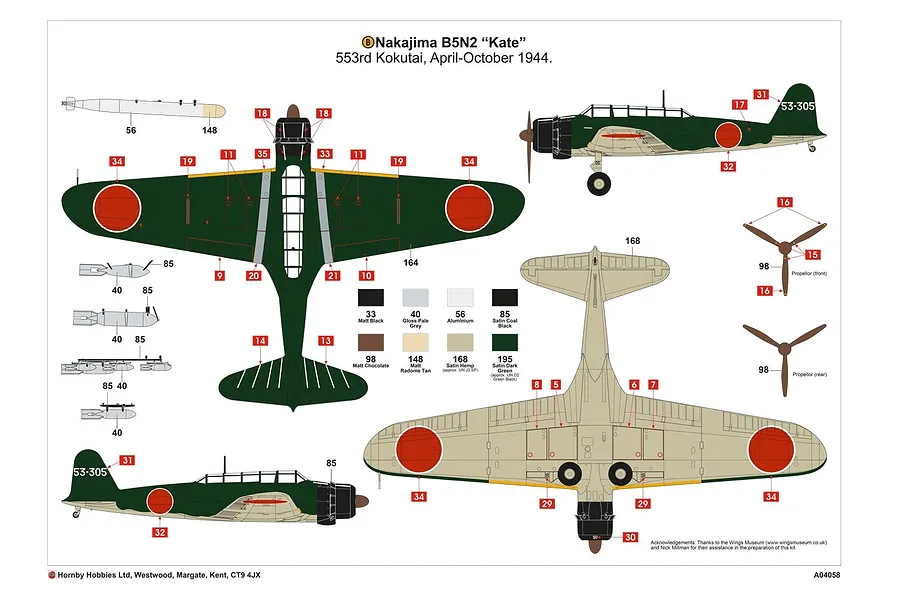 A technical painting and decal placement guide for an Airfix 1/72 scale Nakajima B5N2 Kate model aircraft kit, showing top, bottom, and side views.