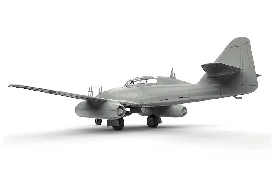 A 3D render of an unpainted grey plastic model of a Messerschmitt Me 262-B1A fighter aircraft viewed from the rear three-quarter angle.