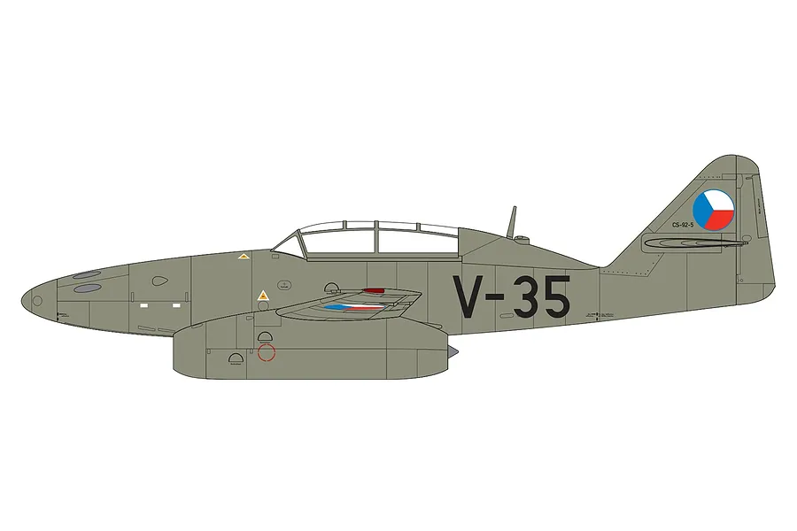 A side-profile digital illustration of a Messerschmitt Me 262 jet aircraft in olive green camouflage with V-35 markings and Czech roundels.