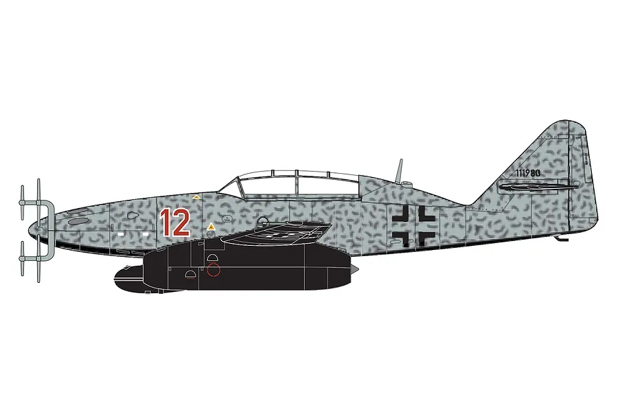A side-profile digital illustration of a Messerschmitt Me 262-B1A jet fighter with a grey mottled camouflage pattern and the number 12 in red on the fuselage.