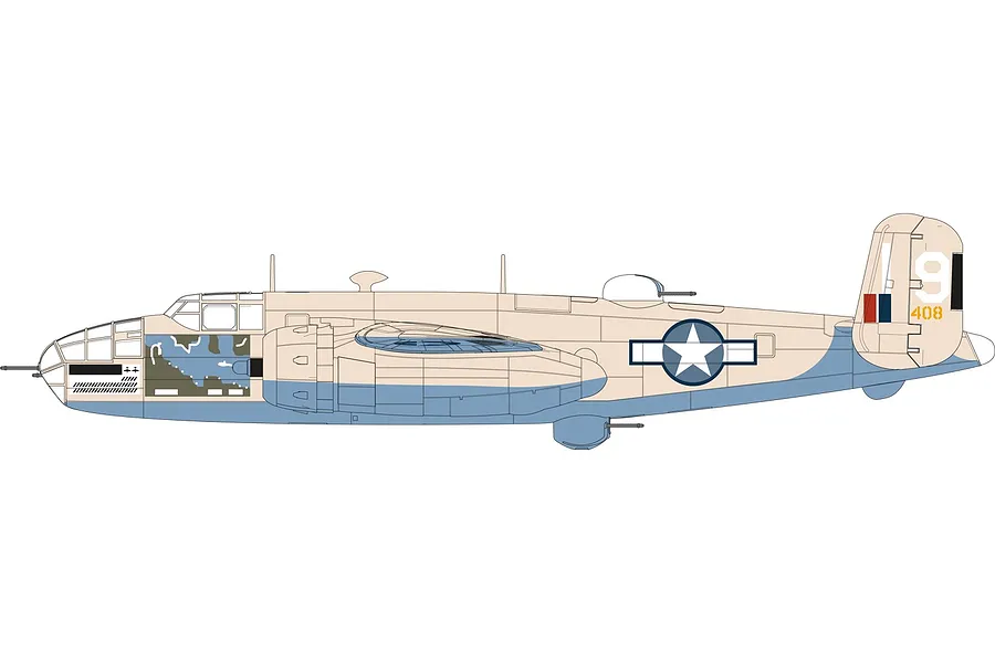 A side-profile digital illustration of a North American B-25 Mitchell bomber aircraft in a desert camouflage scheme.