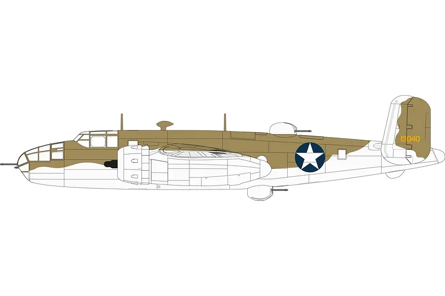 A side-profile digital illustration of a North American B-25 Mitchell bomber in a tan and white camouflage scheme with US military insignia.