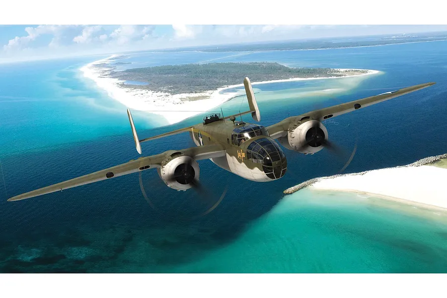 An artistic illustration of a North American B-25 Mitchell bomber flying over a tropical coastline with turquoise water and white sandy beaches.