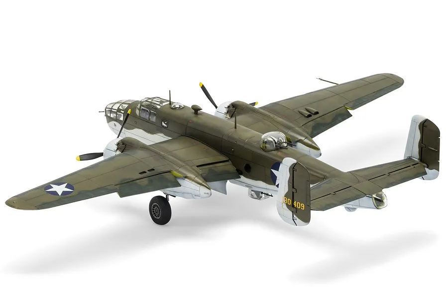 A fully assembled and painted 1/72 scale model of a North American B-25 Mitchell bomber in olive drab and grey camouflage.