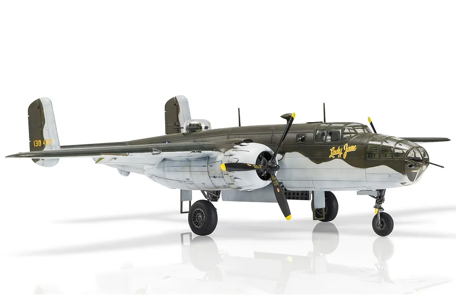 A completed 1/72 scale plastic model of a North American B-25 Mitchell bomber, painted in olive drab and grey with 'Lady Jane' nose art.