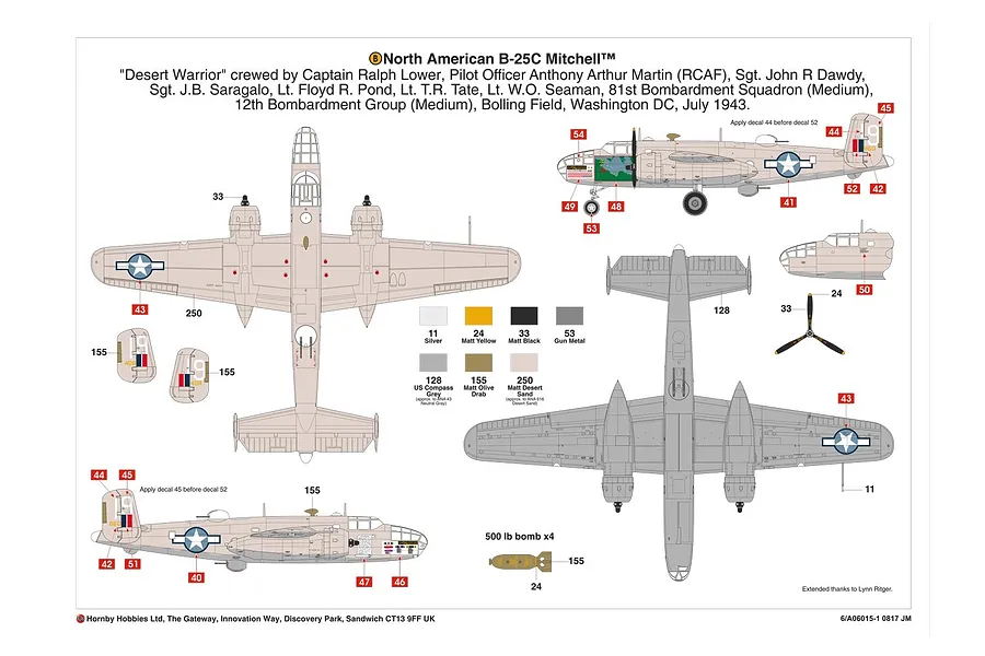 Airfix North American B-25C Mitchell model kit painting and decal guide showing top, bottom, and side views of the aircraft.