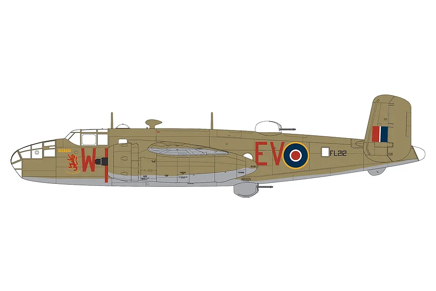 A side-profile illustration of a North American Mitchell Mk.II bomber in tan and grey camouflage with RAF markings and squadron codes.