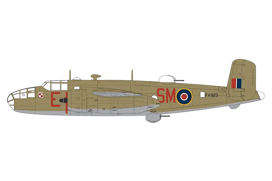 Side profile illustration of a North American Mitchell Mk.II bomber in tan and grey camouflage with Polish and RAF markings.