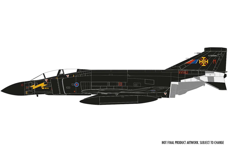 A side-profile digital illustration of a black McDonnell Douglas Phantom FG.1 jet fighter with RAF markings.