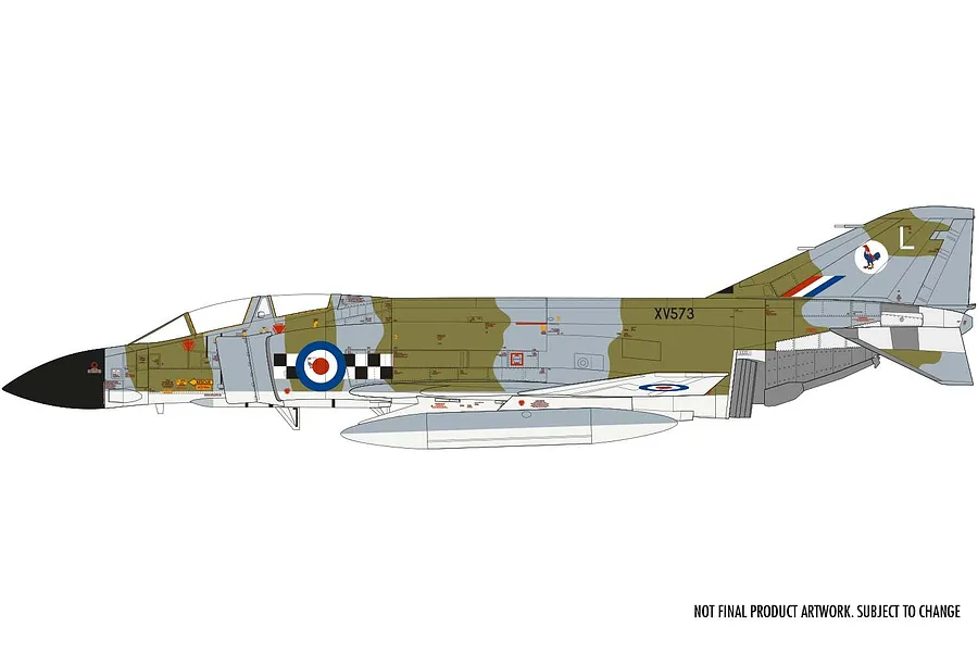A digital side-profile illustration of a McDonnell Douglas FG.1 Phantom fighter jet in RAF camouflage livery, featuring markings XV573.