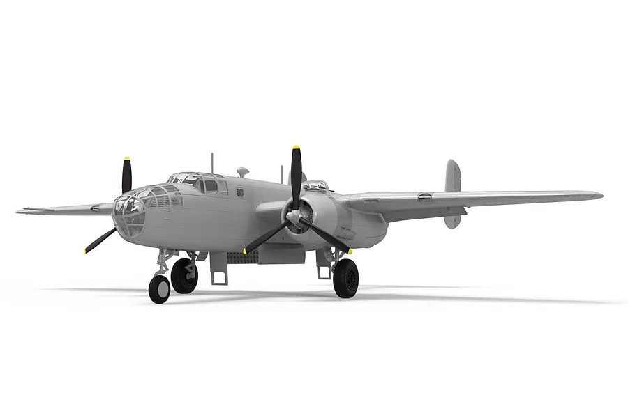 A 3D render of an unpainted, grey plastic North American B-25B Mitchell bomber model aircraft on a white background.