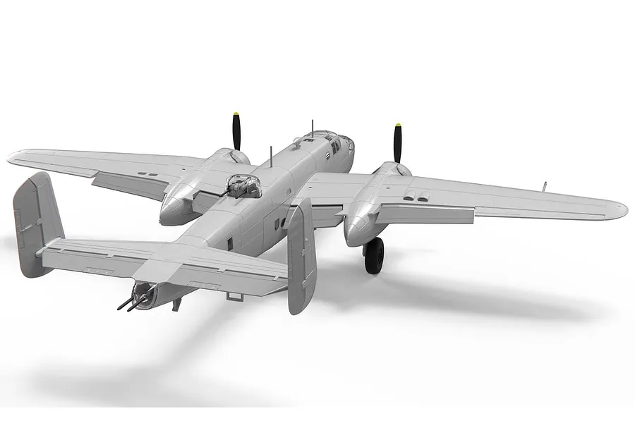 A 3D render of an unpainted North American B-25 Mitchell bomber model kit viewed from the rear three-quarter angle against a white background.