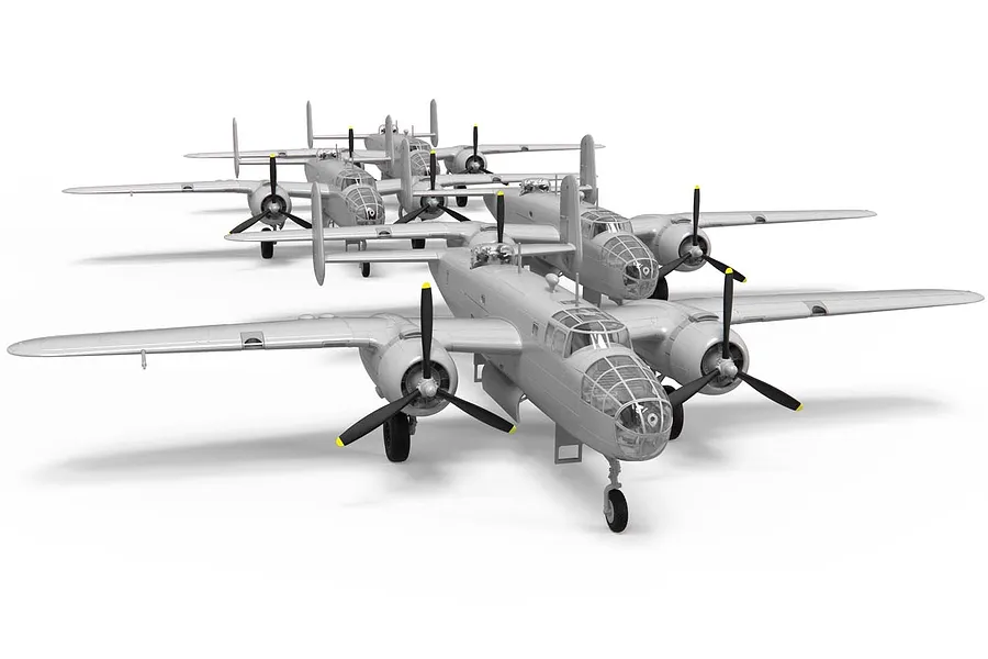 A digital render showing multiple unpainted grey plastic model B-25 Mitchell bombers arranged in a formation on a white background.