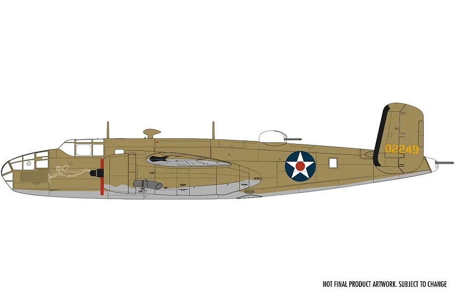 A side-profile digital illustration of a North American B-25B Mitchell bomber in olive drab camouflage with US military markings.