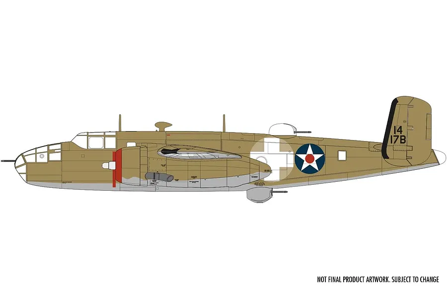 A digital side-profile illustration of a North American B-25B Mitchell bomber in tan and grey camouflage with US military markings.