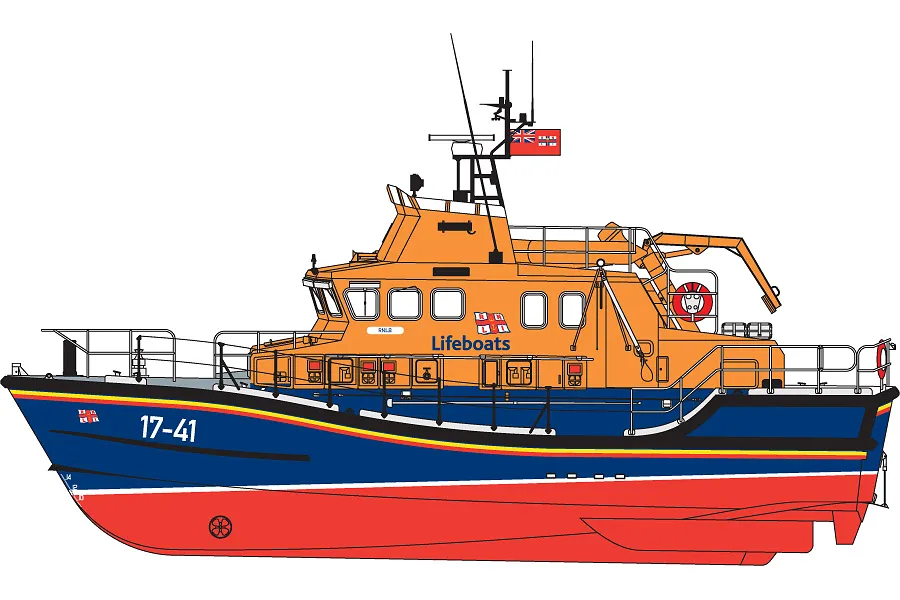 A digital side-profile illustration of an RNLI Severn Class lifeboat, featuring a blue hull, orange cabin, and red bottom, marked with 17-41.