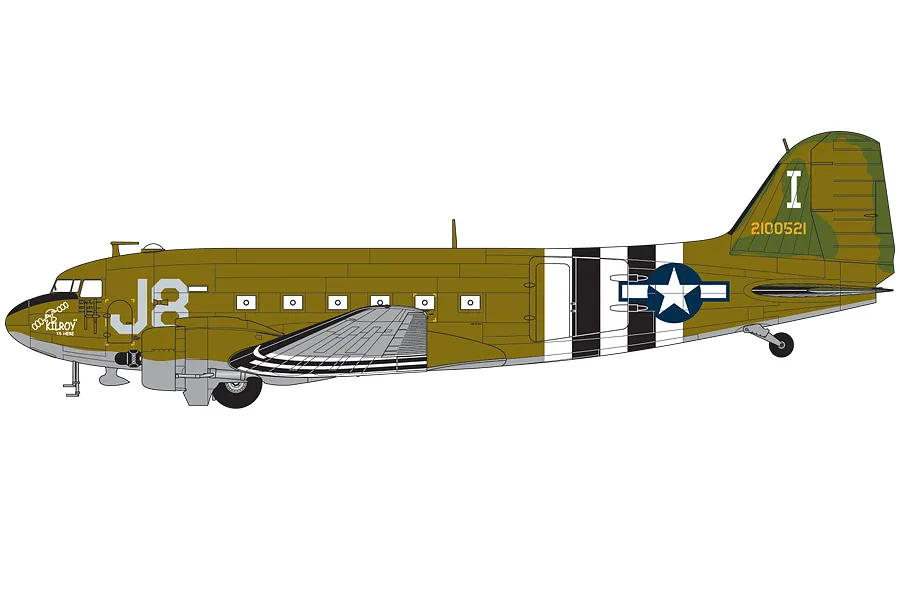A side-profile digital illustration of a Douglas C-47 Skytrain military transport aircraft in olive drab camouflage with D-Day invasion stripes.