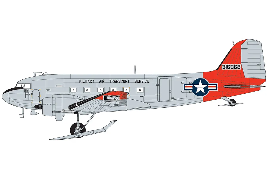 A side-profile digital illustration of a Douglas C-47 Skytrain aircraft in Military Air Transport Service livery with skis attached to the landing gear.