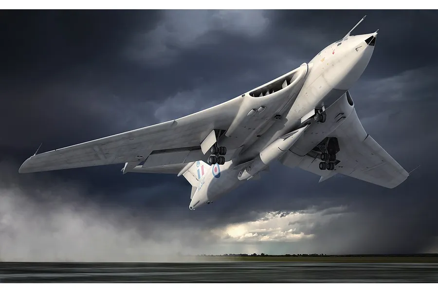 A digital illustration of a Handley Page Victor B.2 bomber aircraft in flight against a dark, stormy sky.