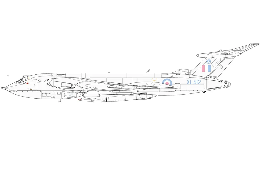 A side-profile line drawing of a Handley Page Victor bomber aircraft, showing markings and panel lines.