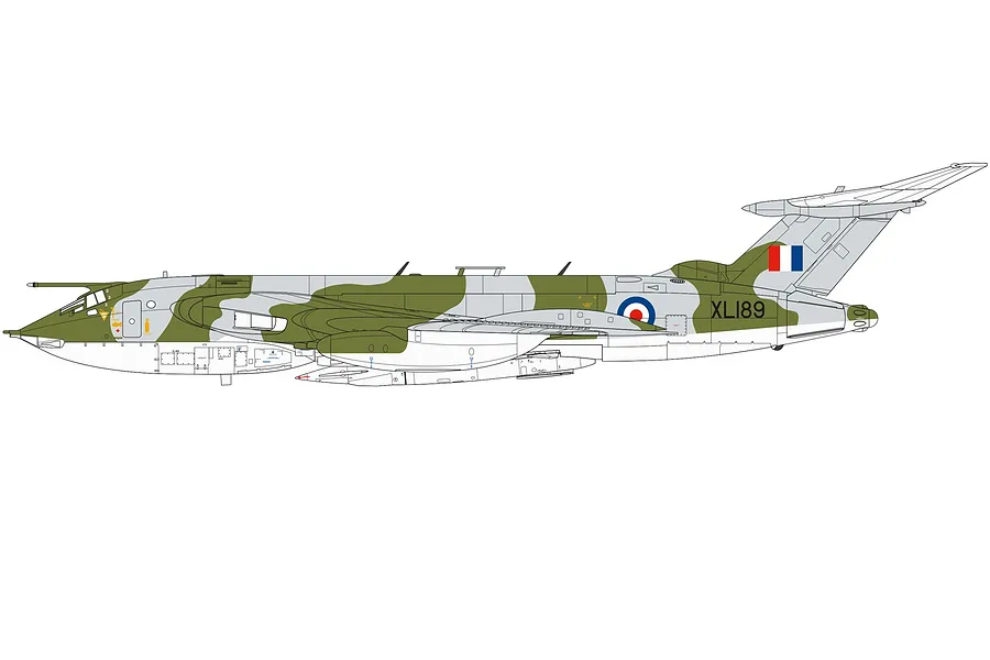 A side-profile digital illustration of a Handley Page Victor B.2 bomber in camouflage livery with RAF markings.