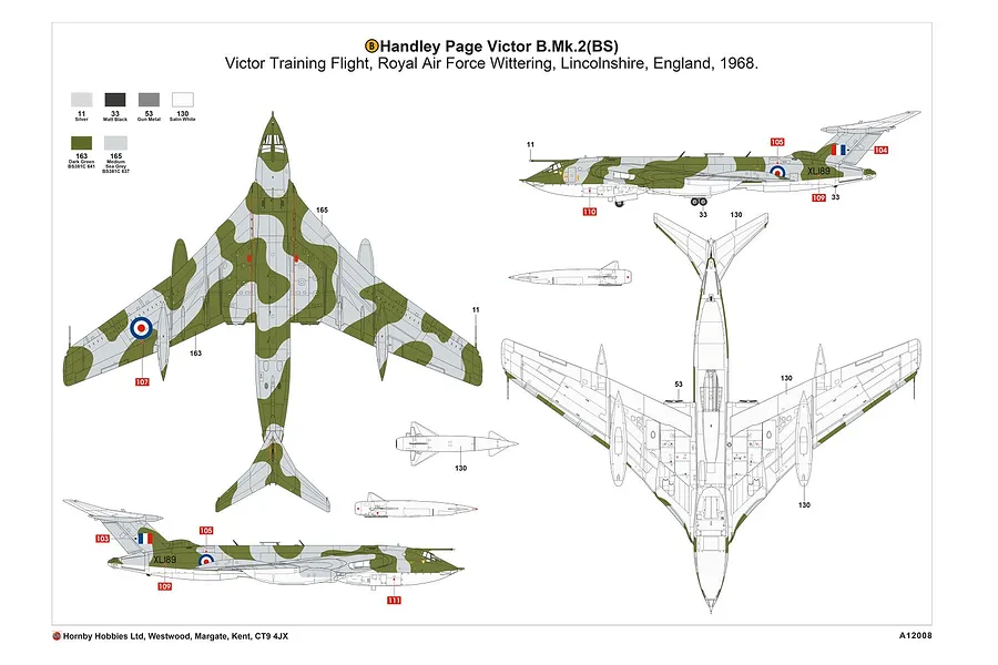 A painting guide for the Airfix 1/72 Handley Page Victor B.2 model kit, showing top, bottom, and side views with camouflage patterns and paint callouts.